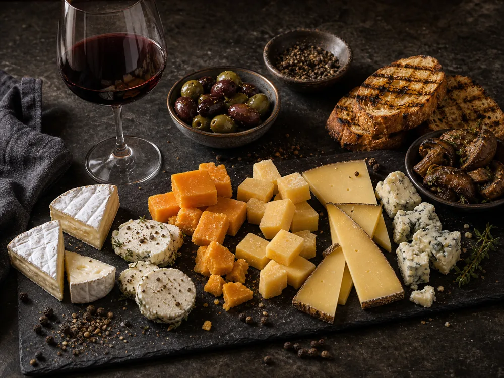 Syrah pairing setup with red wine, pepper, grilled bread, mushrooms, olives, cheddar, Gouda, goat cheese, Brie, blue cheese, and alpine cheese | KnowTheCheese