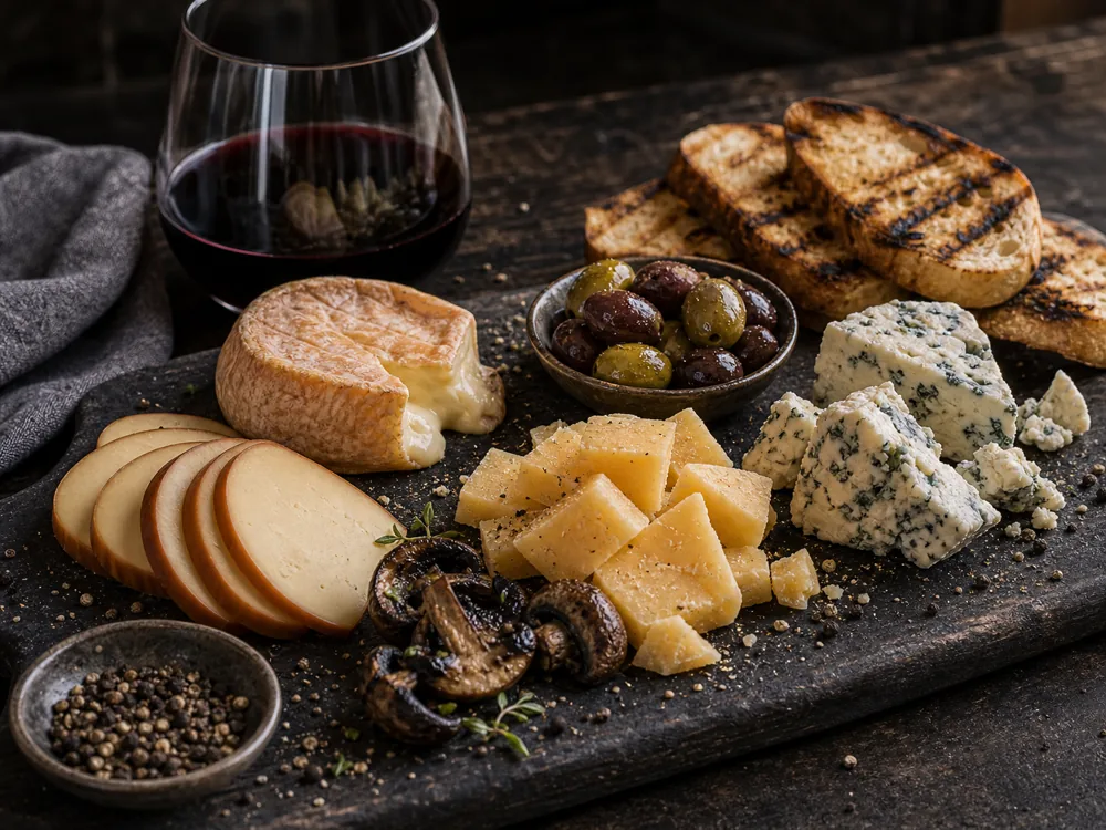 Syrah cheese board with red wine, aged cheddar, blue cheese, smoked cheese, washed-rind cheese, grilled bread, olives, mushrooms, and black pepper.