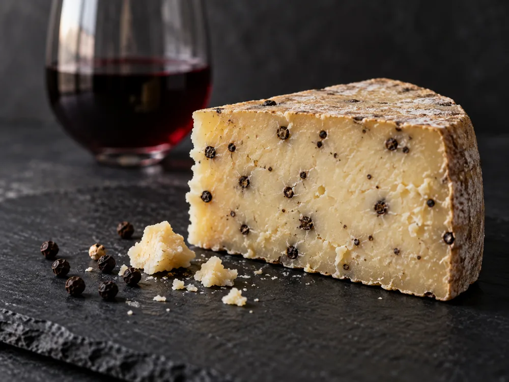 Wedge of firm cheese with whole black peppercorns through the cut face beside a glass of red wine - Syrah and cheese pairing | KnowTheCheese