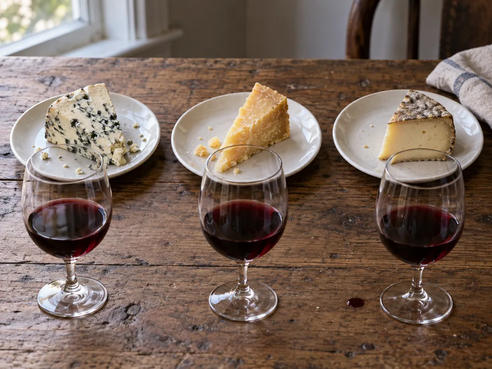Three plates each holding a different cheese, a blue-veined wedge, a hard aged wedge and a semi-firm wedge with a natural rind, with a glass of red wine in front of each - Syrah and cheese pairing | KnowTheCheese