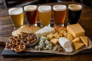 Beer and cheese pairing board with lager amber ale wheat beer IPA stout cheddar Gouda Brie goat cheese blue cheese pretzels and crackers - Beer and cheese pairing | KnowTheCheese