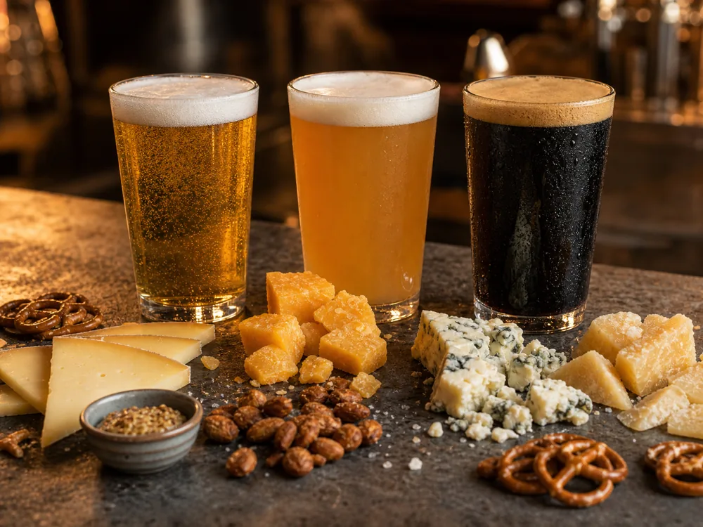Beer style flight with lager, IPA, stout, alpine cheese, cheddar, blue cheese, Gouda, pretzels, mustard, and nuts | KnowTheCheese