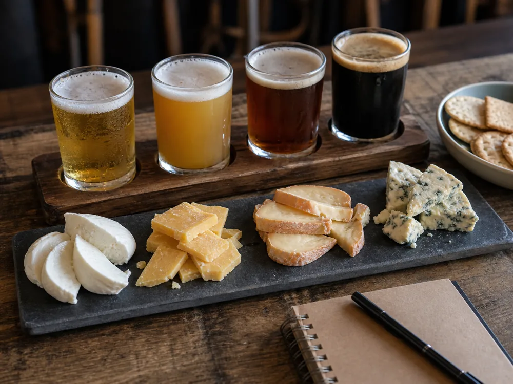 Beer tasting flight with pale beer, hazy beer, amber beer, stout, fresh mozzarella, aged cheddar, washed-rind cheese, blue cheese, and crackers.