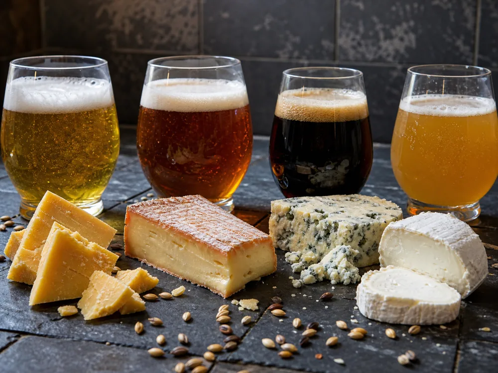 Beer tasting pours beside cheddar, blue, washed-rind, and goat cheese - beer and cheese pairing | KnowTheCheese