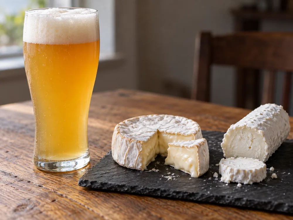 Golden beer in a tall glass beside a cut soft-ripened cheese round and a fresh goat cheese log on slate - beer and cheese pairing | KnowTheCheese