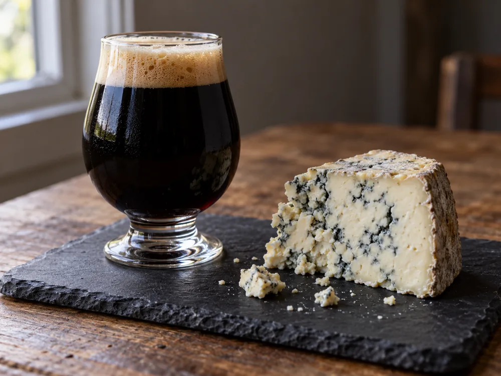 Dark stout in a tulip glass beside a wedge of blue-veined cheese on slate - beer and cheese pairing | KnowTheCheese