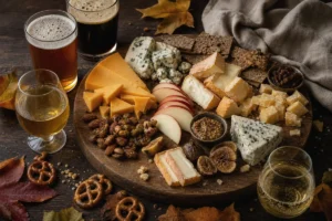 Fall beer and cider cheese pairing board with amber ale, dark ale, dry cider, perry, aged Gouda, cheddar, blue cheese, washed-rind cheese, apples, nuts, pretzels, and mustard | KnowTheCheese