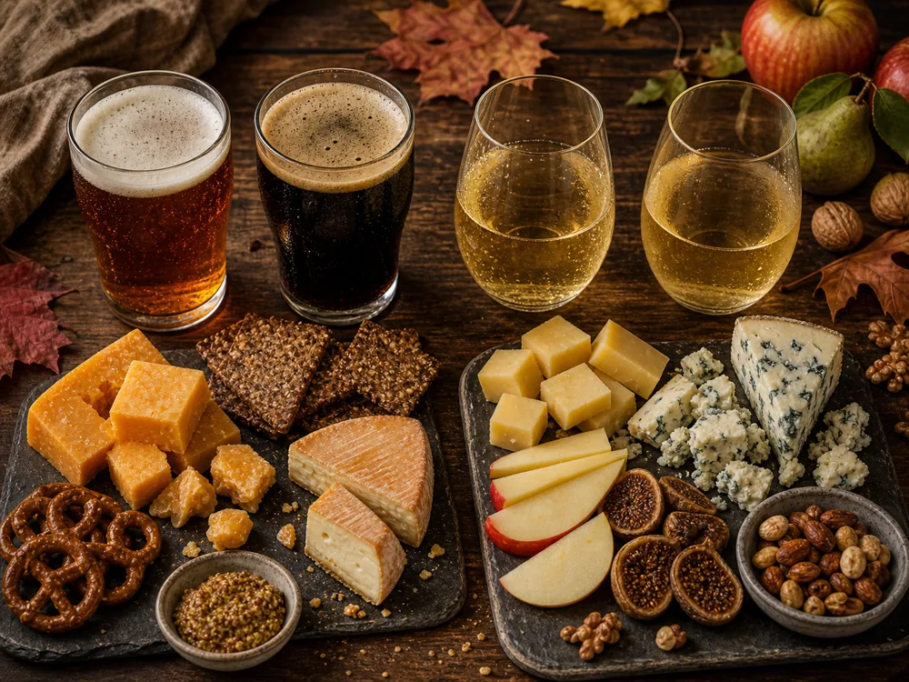 Fall beer and cider pairing table with amber ale, dark ale, dry cider, perry, cheddar, washed-rind cheese, Gouda, blue cheese, pretzels, mustard, apples, nuts, and figs | KnowTheCheese