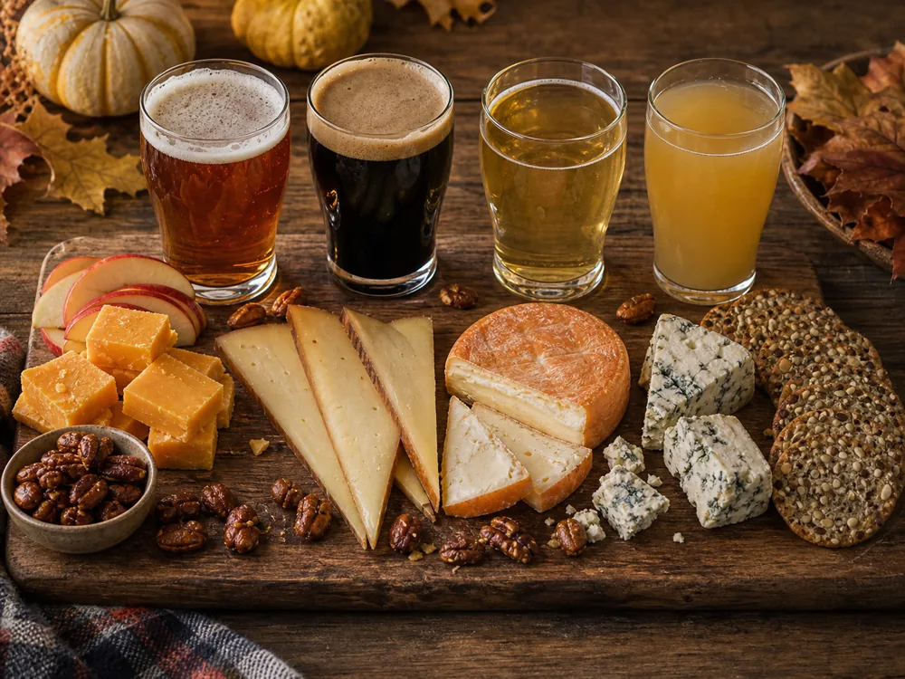 Fall beer and cider cheese board with amber beer, dark beer, dry cider, cloudy cider, cheddar, smoked gouda, washed-rind cheese, blue cheese, nuts, apples, and crackers.