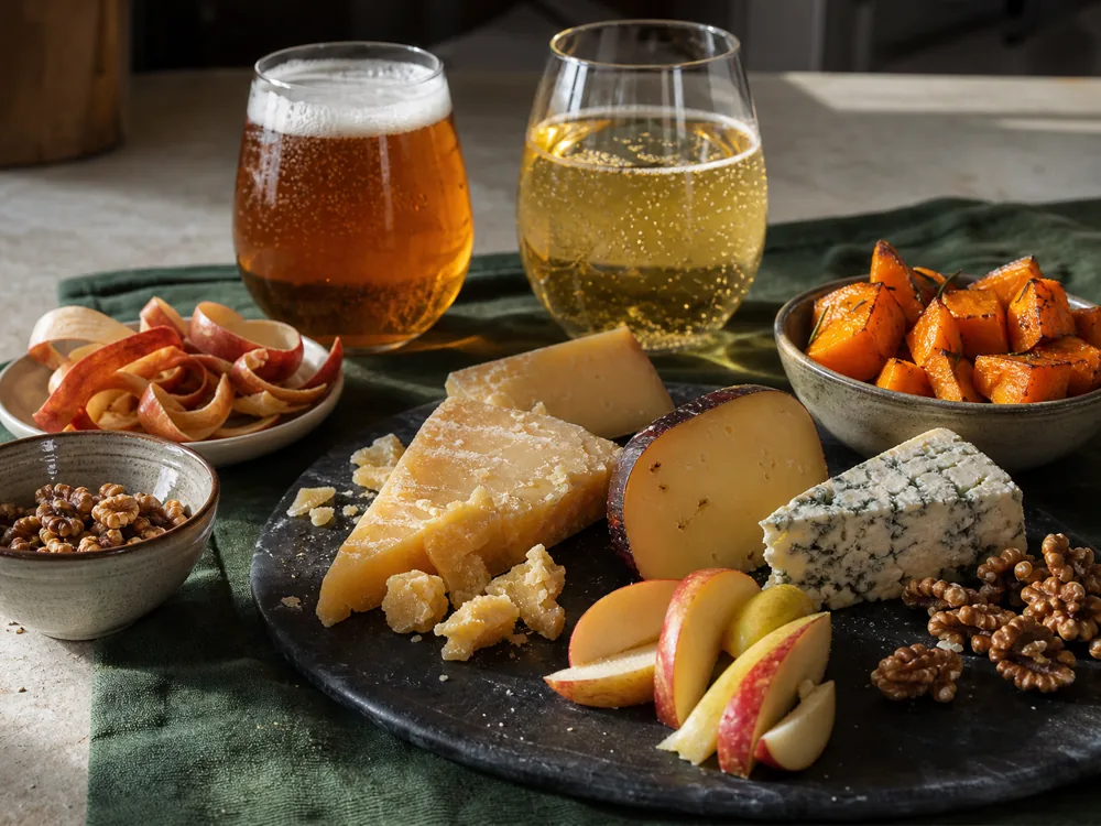 Fall beer and cider with cheddar, gouda, blue cheese, apples, squash, and walnuts - fall beer cider cheese pairing | KnowTheCheese