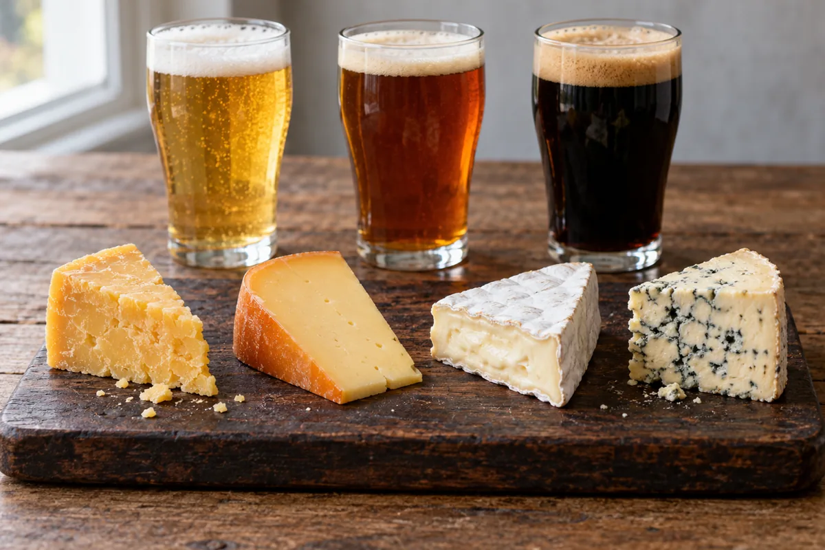 Illustration of four cheese wedges on a wooden board in front of three beer glasses from pale to dark - Father's Day beer and cheese pairing | KnowTheCheese