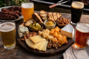 Father's Day beer and cheese board with cheddar, Gouda, alpine cheese, blue cheese, Brie, grilled bread, pretzels, pickles, mustard, sausages, and beer glasses - beer cheese Father's Day pairing | KnowTheCheese