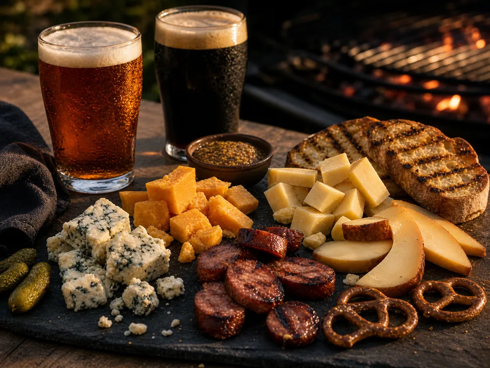 Grill-side beer and cheese pairing with amber ale, stout, cheddar, smoked Gouda, blue cheese, alpine cheese, grilled bread, mustard, pickles, pretzels, and sausage | KnowTheCheese