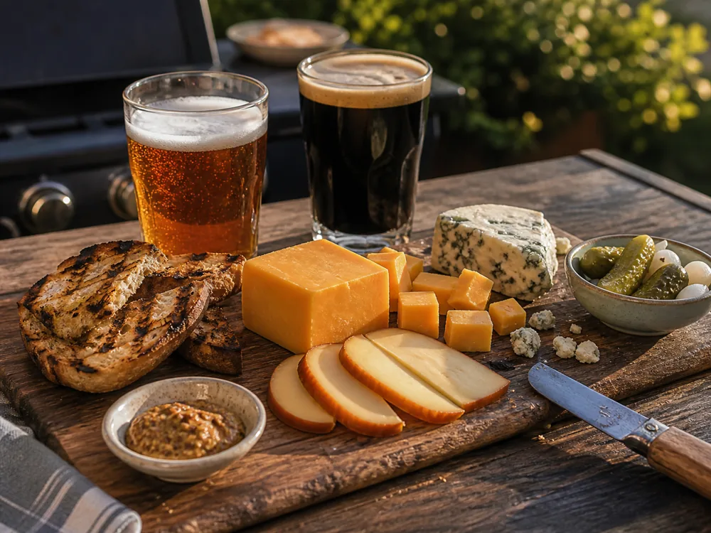 Fathers Day beer and cheese board with amber beer, stout, cheddar, smoked gouda, blue cheese, grilled bread, pickles, and mustard