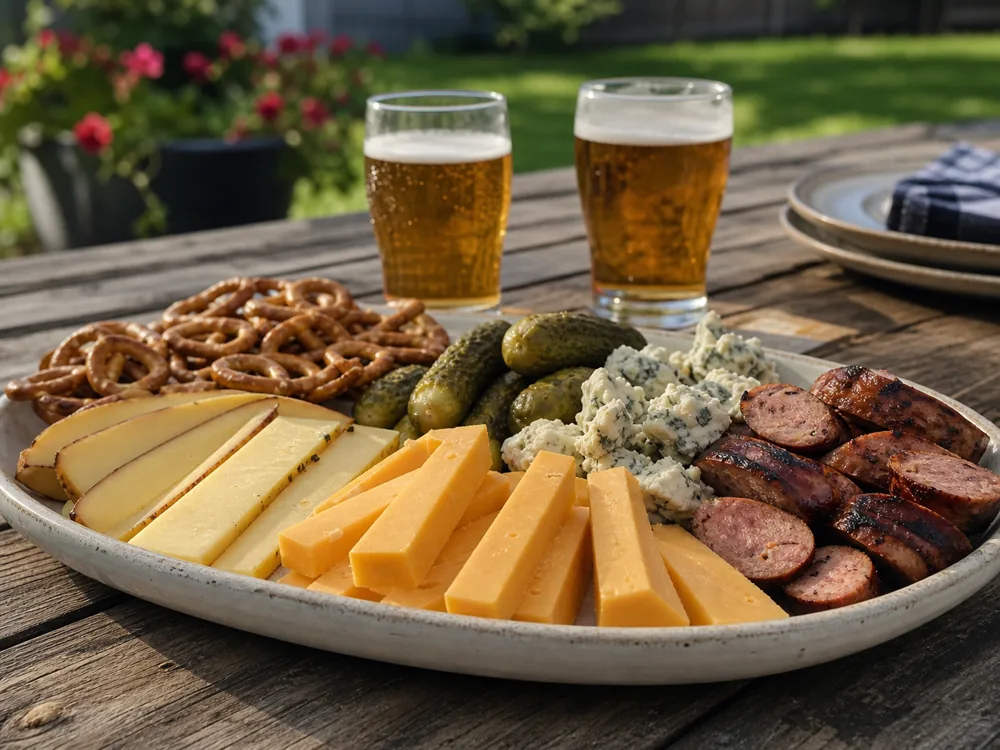 Cheddar, smoked gouda, blue cheese, pickles, and beer on a casual outdoor platter - Father's Day beer cheese pairing | KnowTheCheese