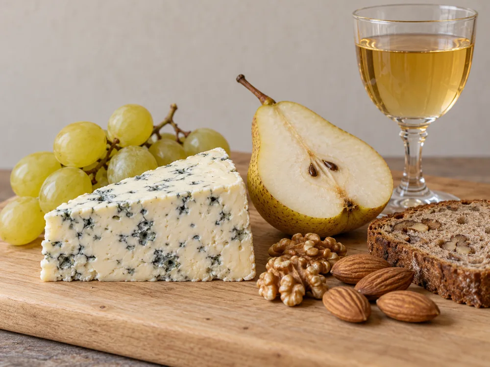 Blue cheese wedge with a halved pear, white grapes, walnuts, almonds, walnut bread and a glass of sweet white wine - Blue cheese pairing | KnowTheCheese