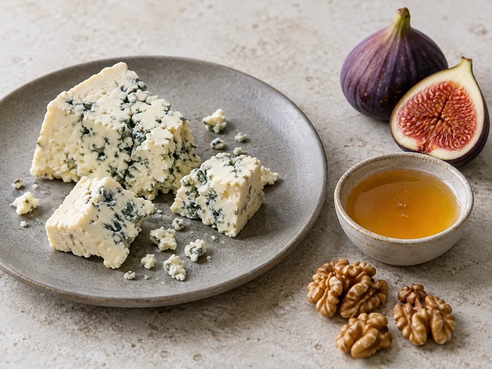 Pieces of blue-veined cheese with a bowl of honey, fresh figs and walnuts - Blue cheese pairing | KnowTheCheese