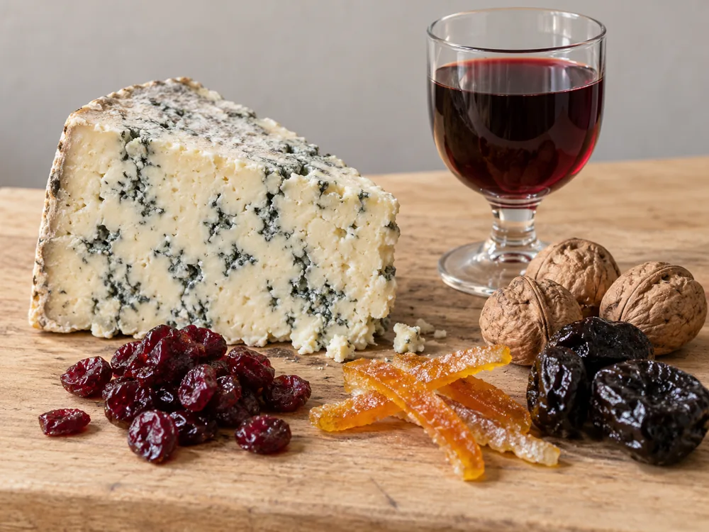Wedge of blue-veined cheese with dried cranberries, glazed orange peel, prunes, walnuts and a glass of dark red wine - Blue cheese pairing | KnowTheCheese
