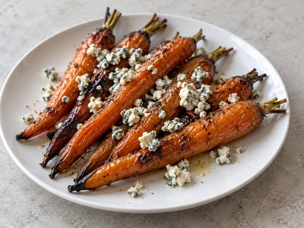Roasted carrots with charred edges topped with crumbled blue cheese on a white plate - Blue cheese pairing | KnowTheCheese