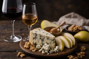 Blue cheese board with pear, walnuts, honey, and wine glasses.