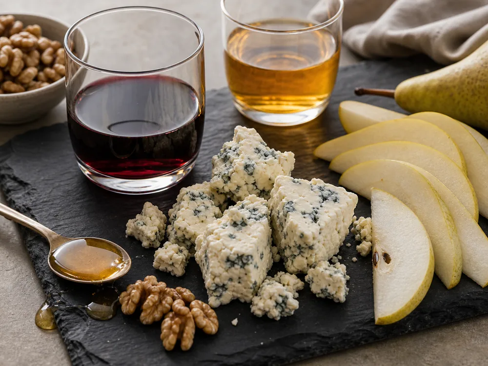 Blue cheese wine pairing board with Sauternes, Port, Tokaji, pear, walnuts, and dark bread - Blue cheese wine pairing | KnowTheCheese