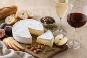 Brie wheel with bread, fruit, nuts, jam, and wine glasses.