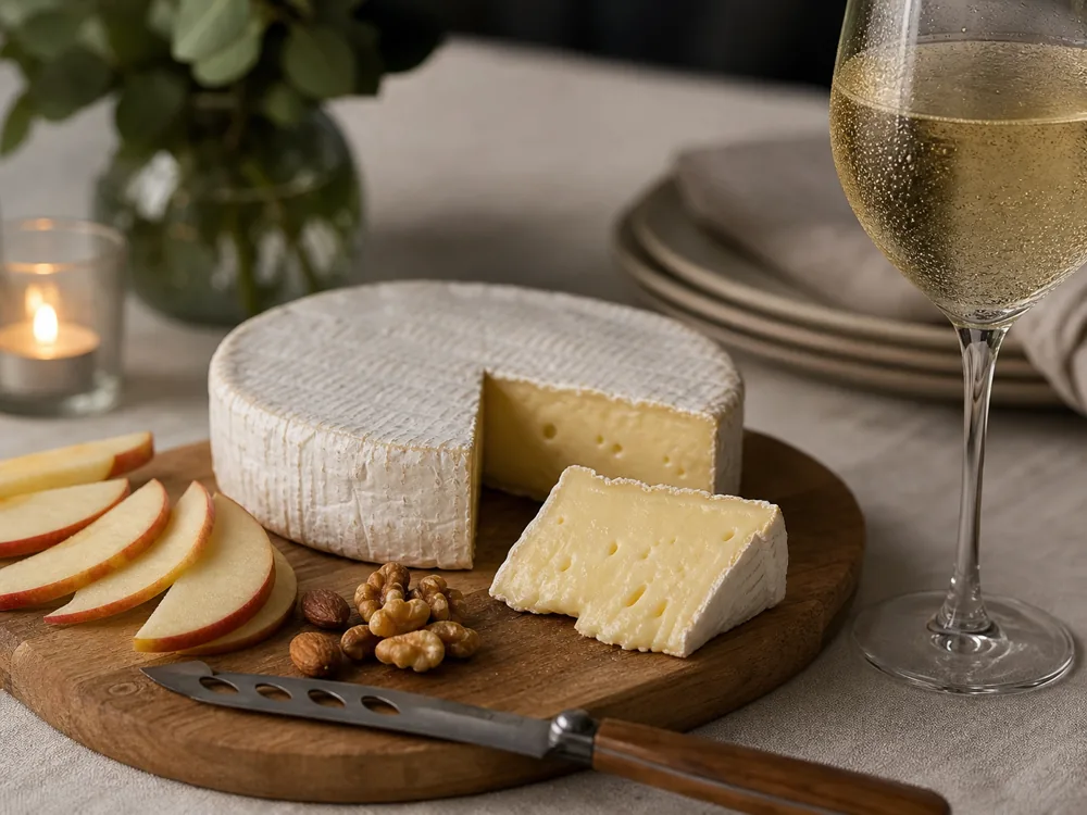 Brie served at room temperature with sparkling wine, apple slices, and a cheese knife - Brie wine pairing | KnowTheCheese