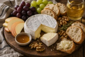 Camembert wheel with bread, fruit, walnuts, honey, and a wine glass.