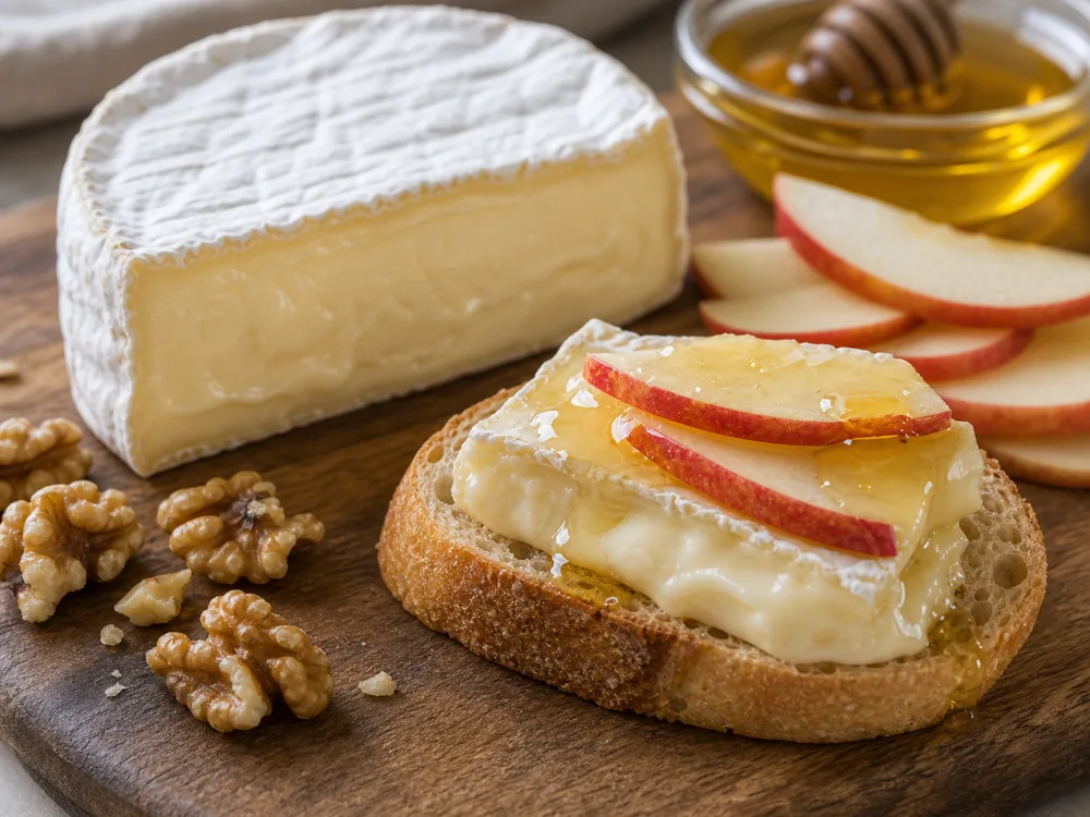 Camembert toast with honey, apple slices, and walnuts.