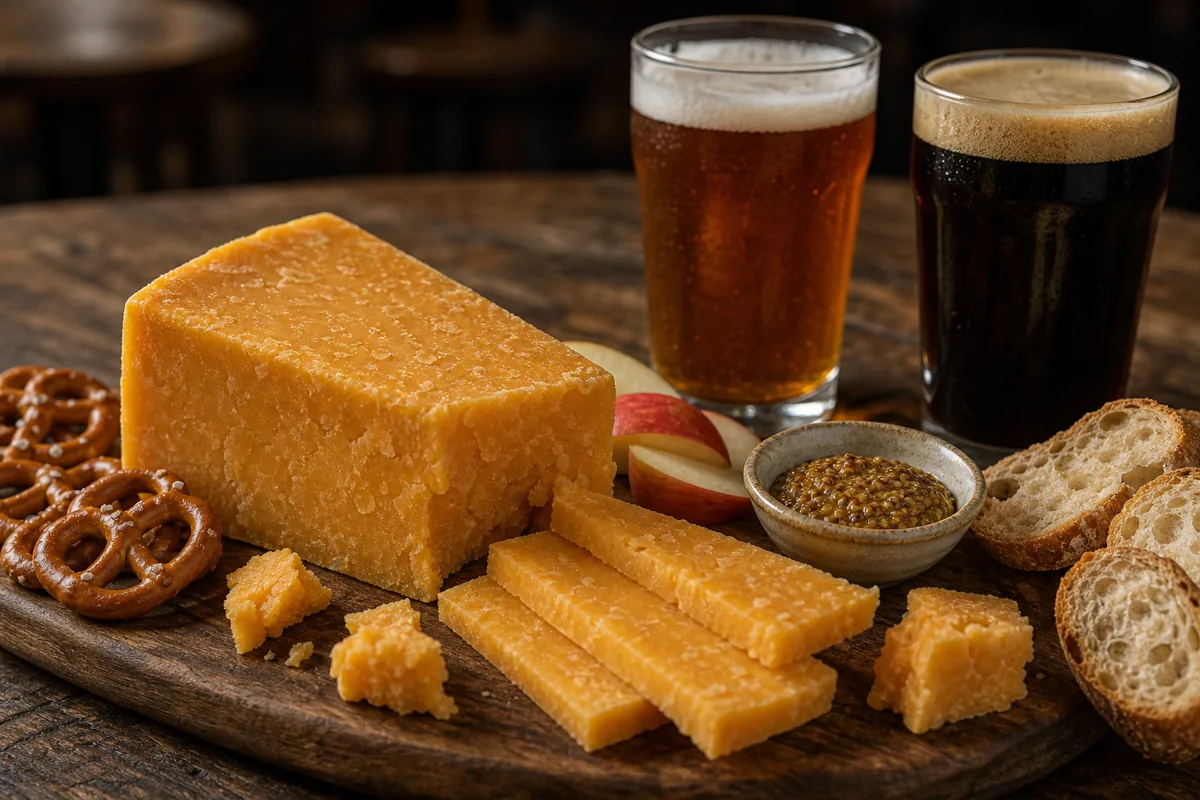 Aged cheddar with pretzels, mustard, apples, bread, and beer glasses.