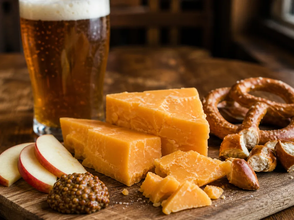Cheddar pieces with pretzel, mustard, apple, and amber beer - Cheddar beer pairing | KnowTheCheese