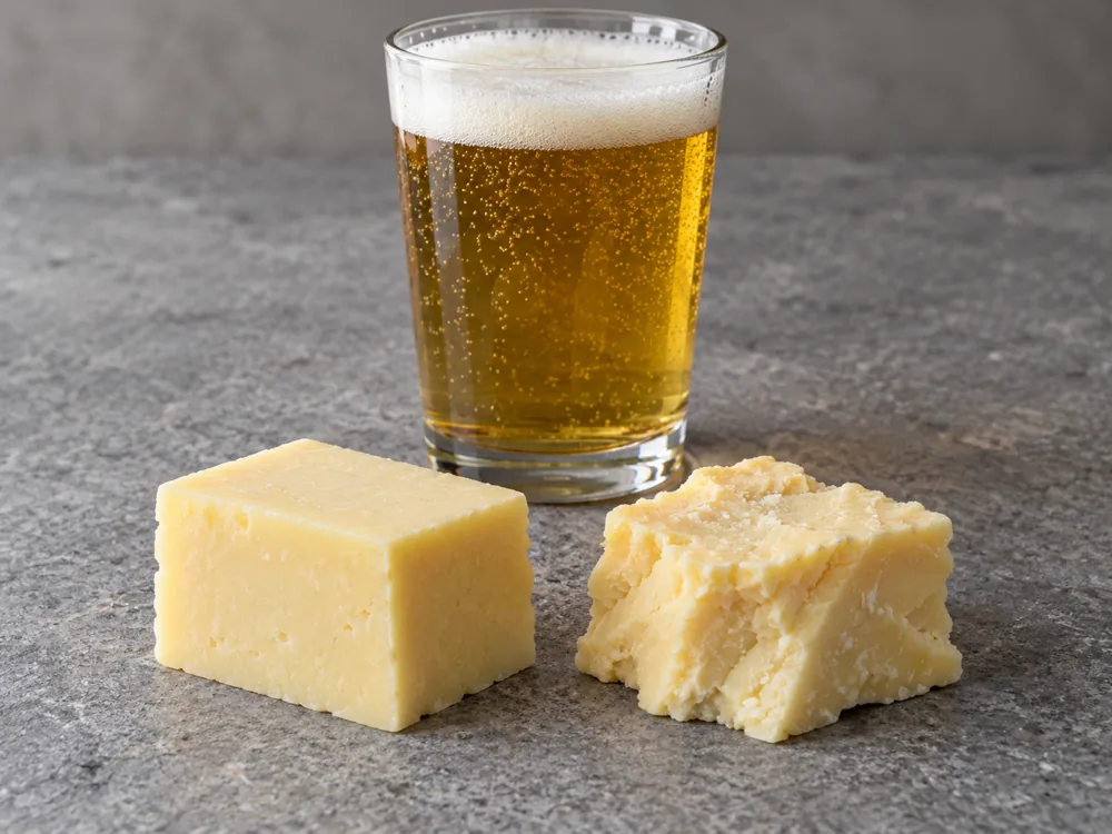 Glass of gold beer behind a smooth block and a crumbly, crystal-flecked chunk of pale cheddar - Cheddar beer pairing | KnowTheCheese