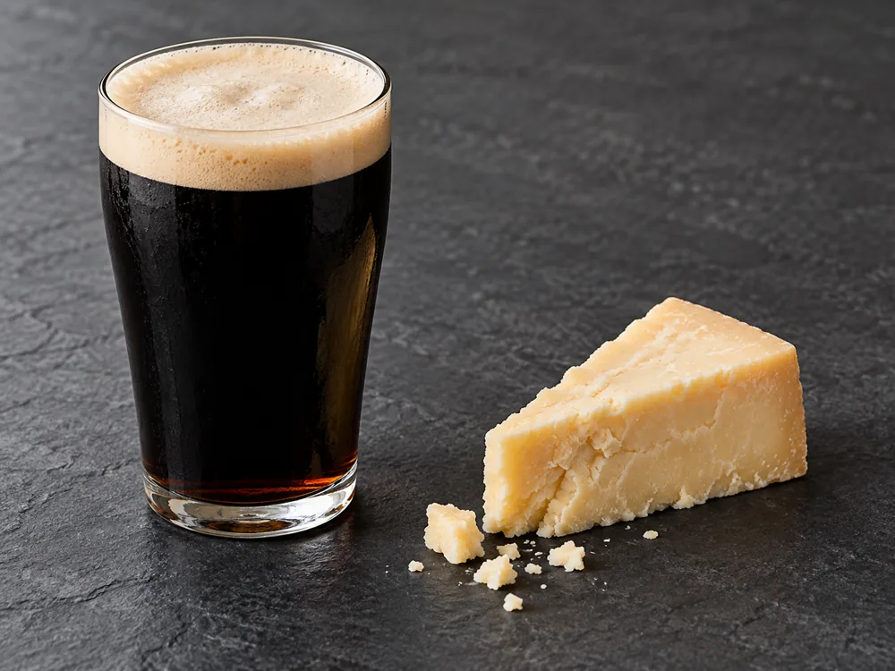 Pint of black stout beside a wedge of pale cheddar with a few crumbs - Cheddar beer pairing | KnowTheCheese