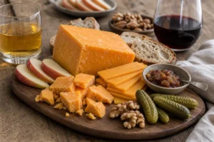 Cheddar pairing board with apples, chutney, pickles, nuts, bread, and drinks.
