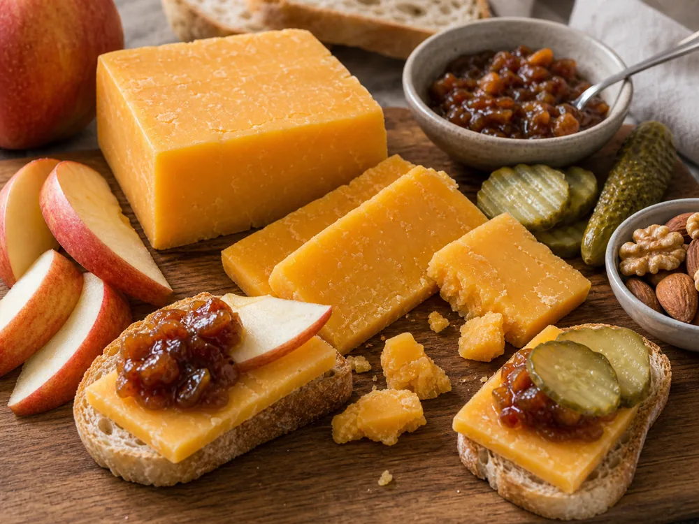Cheddar pairing board with aged cheddar, apple slices, chutney, cider, brown ale, crackers, and pickles - Cheddar pairing | KnowTheCheese