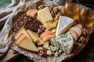 Cider and cheese pairing board with cheddar Gouda Brie blue cheese and apple slices - Cheese and cider pairing | KnowTheCheese