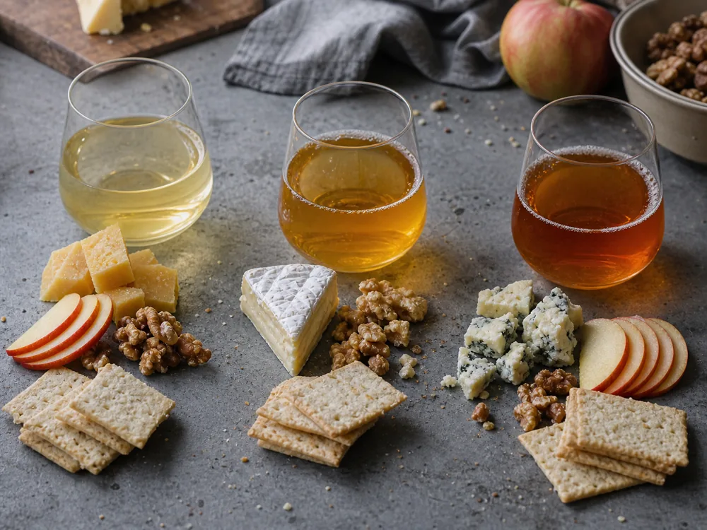 Cider tasting flight with cheddar, Brie, blue cheese, apples, walnuts, and crackers | KnowTheCheese