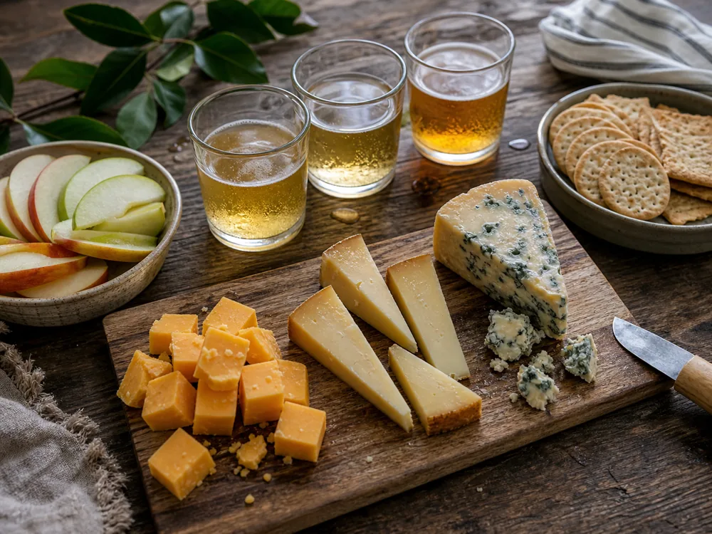 Cider tasting setup with cheddar, gouda, blue cheese, apple slices, and crackers.