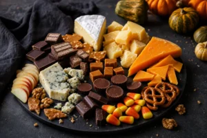 Halloween candy and cheese pairing board with aged Gouda, cheddar, Brie, blue cheese, caramel pieces, peanut butter cups, chocolate wafers, candy corn, pretzels, apples, and walnuts | KnowTheCheese
