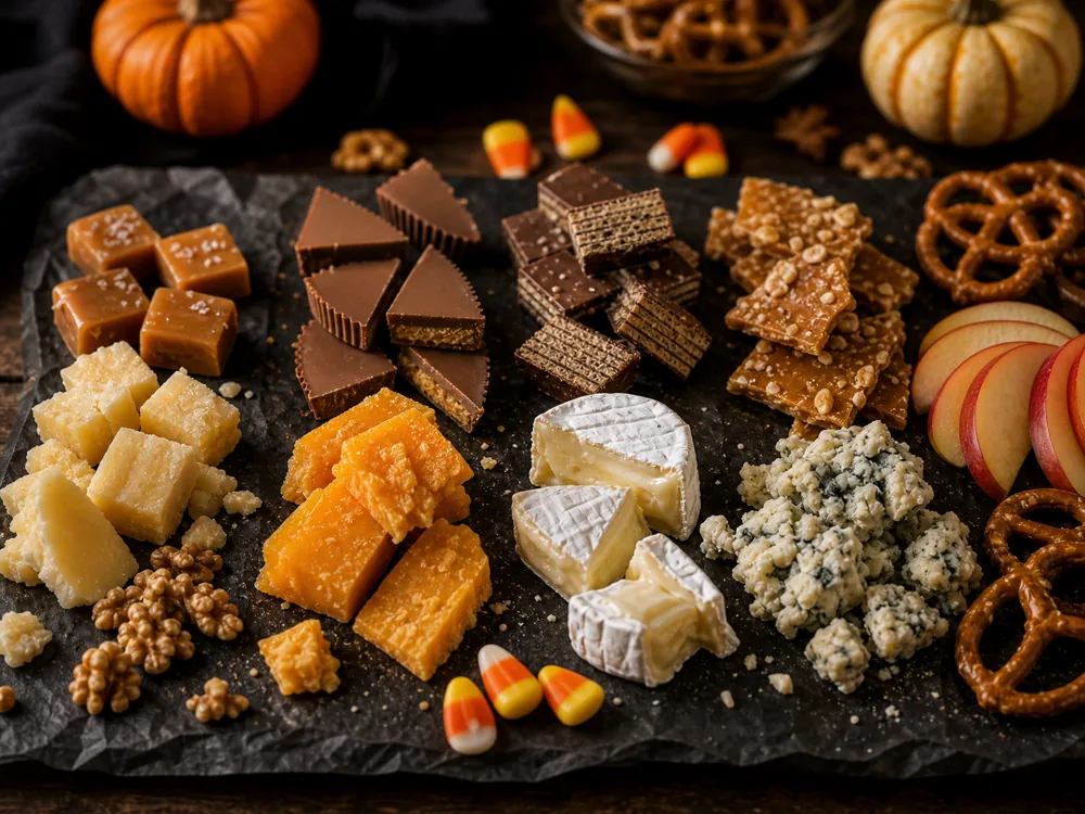Halloween candy texture lanes with caramel, peanut butter cups, wafer candy, toffee, Gouda, cheddar, Brie, blue cheese, pretzels, apples, walnuts, and candy corn | KnowTheCheese