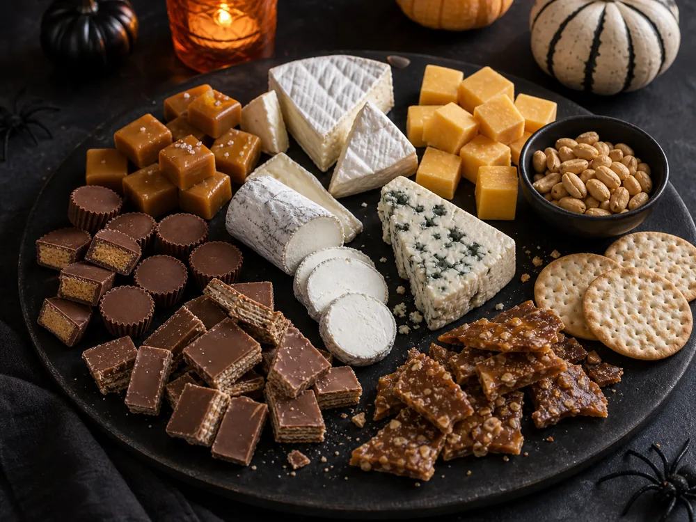 Halloween candy and cheese board with caramel, peanut butter chocolate bites, wafer pieces, toffee, cheddar, soft-rind cheese, blue cheese, goat cheese, crackers, and peanuts.