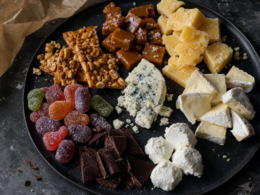 Halloween candy textures paired with cheddar, blue cheese, brie, and goat cheese - candy cheese pairing | KnowTheCheese