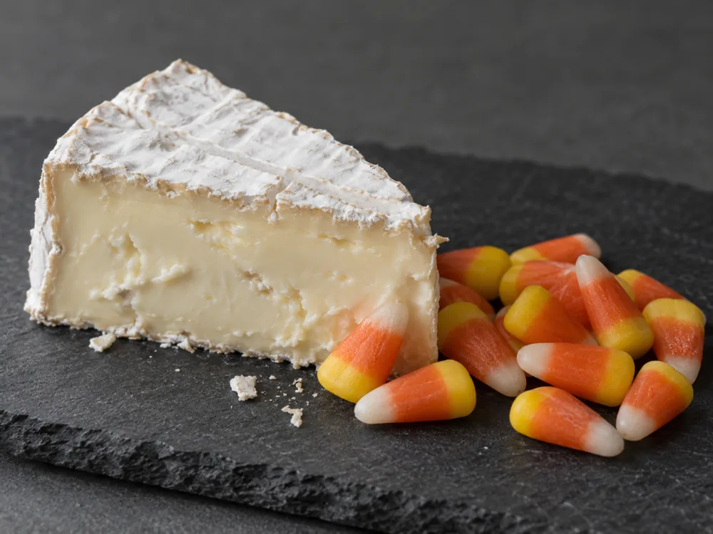 Wedge of white-rinded Brie with a creamy pale interior beside a pile of candy corn on a slate board - Brie | KnowTheCheese