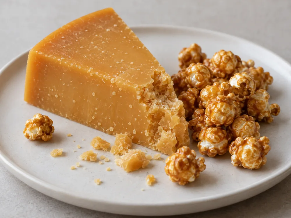 Crumbly amber wedge of aged cheese with pale crystals beside caramel popcorn on a white plate - aged Gouda | KnowTheCheese