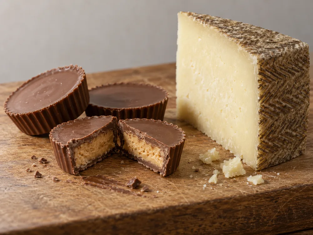 Halved peanut butter cups beside a wedge of Manchego with a woven zig-zag rind pattern on a wooden board - Manchego | KnowTheCheese