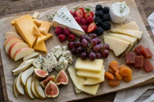 Cheese and fruit pairing board with cheddar Brie goat cheese Manchego Gouda blue cheese apples pears berries grapes figs and quince paste - Cheese and fruit pairing | KnowTheCheese