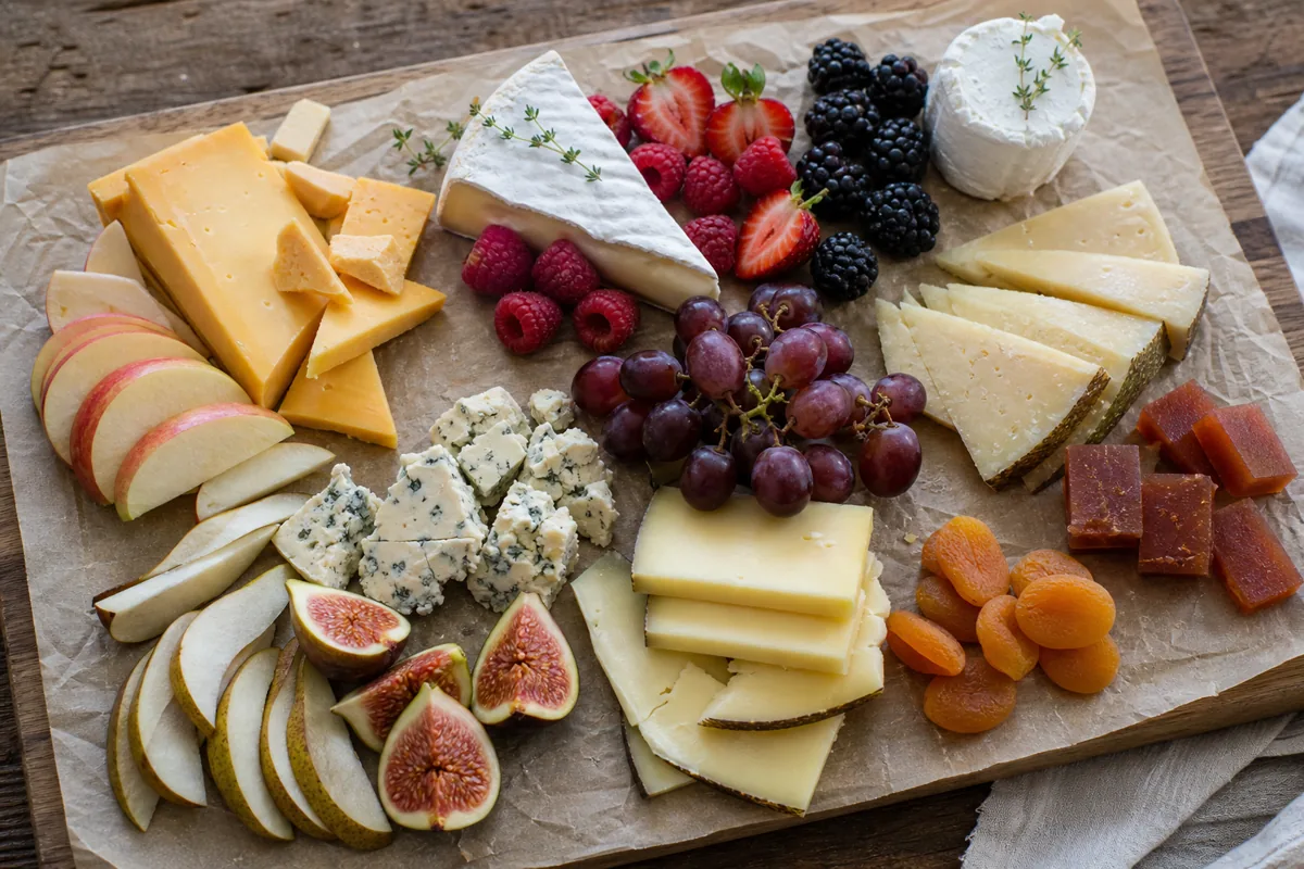 Cheese and fruit pairing board with cheddar Brie goat cheese Manchego Gouda blue cheese apples pears berries grapes figs and quince paste - Cheese and fruit pairing | KnowTheCheese