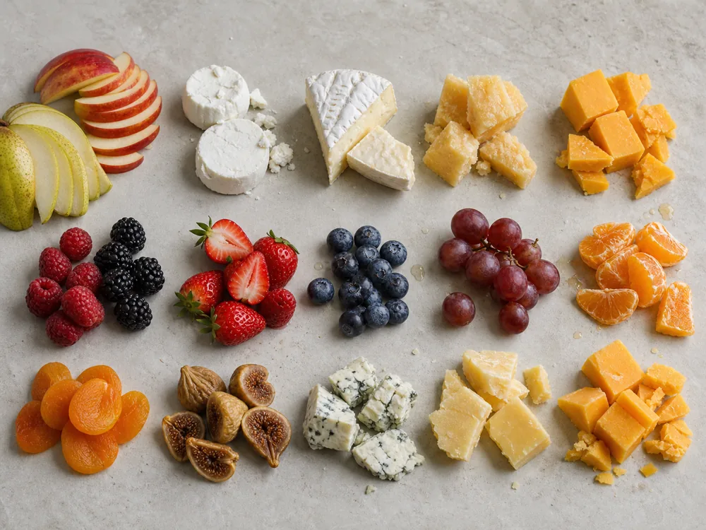 Fruit and cheese matching matrix with apples, pears, berries, citrus, dried fruit, goat cheese, Brie, Gouda, cheddar, and blue cheese | KnowTheCheese