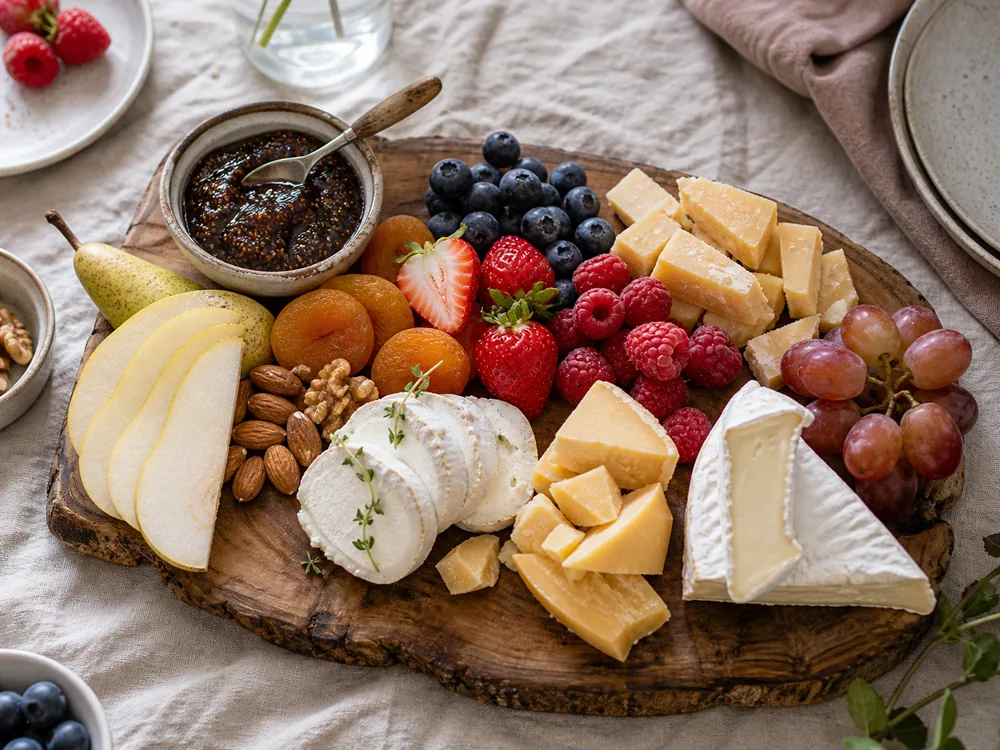 Fruit and cheese board with berries, pear slices, dried apricots, fig jam, goat cheese, cheddar, and soft-rind cheese.