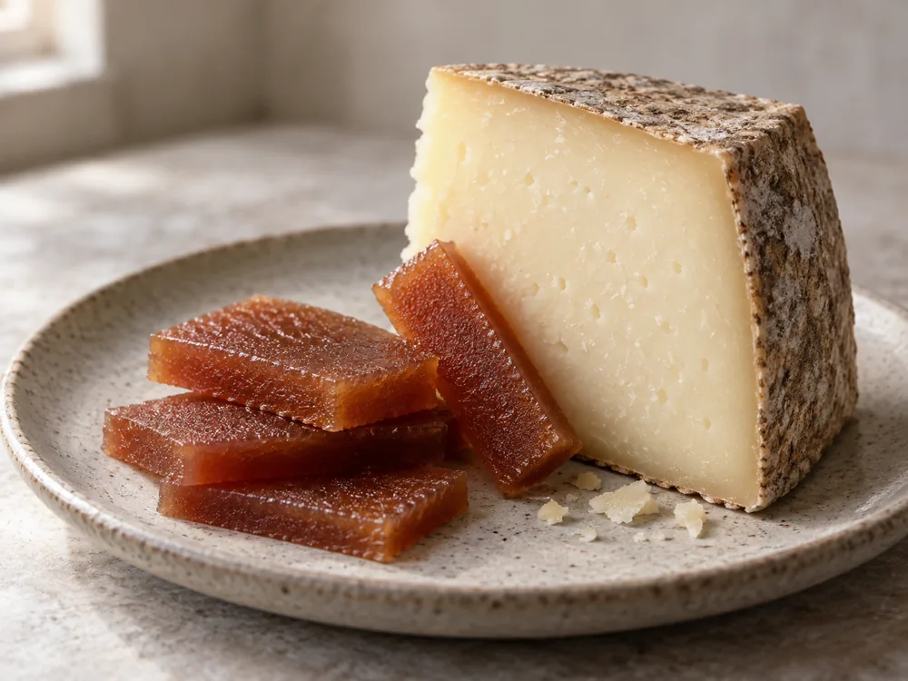 Thin slices of firm quince paste beside a wedge of firm pale cheese with a natural rind - quince paste and cheese | KnowTheCheese